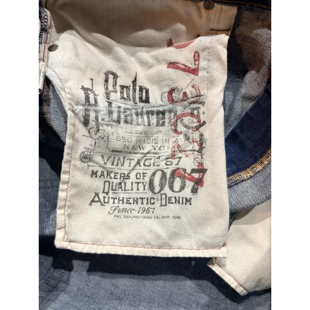Polo Ralph Lauren Vintage 67 Jeans 40x32 Blue Straight Leg RL Logo Distressed